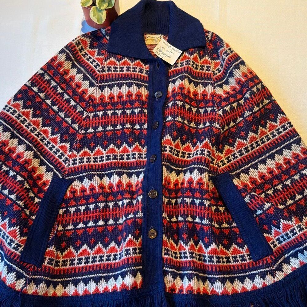 Vintage Poncho Red Blue Acrylic Fringe OSFM